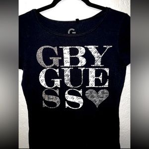Black G by GUESS Rhinestone Logo Top Silver Heart Logo T-shirt Womens Sz M